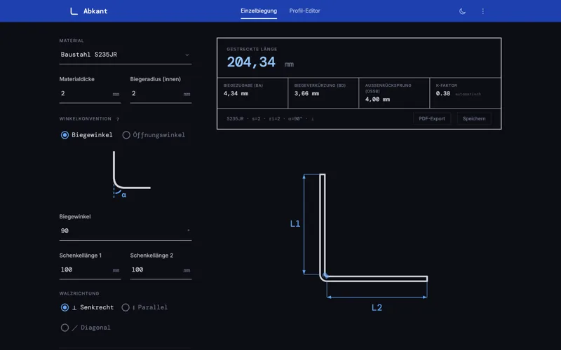 Abkant: Einzelbiegung mit Berechnungsergebnis und Echtzeit-Vorschau