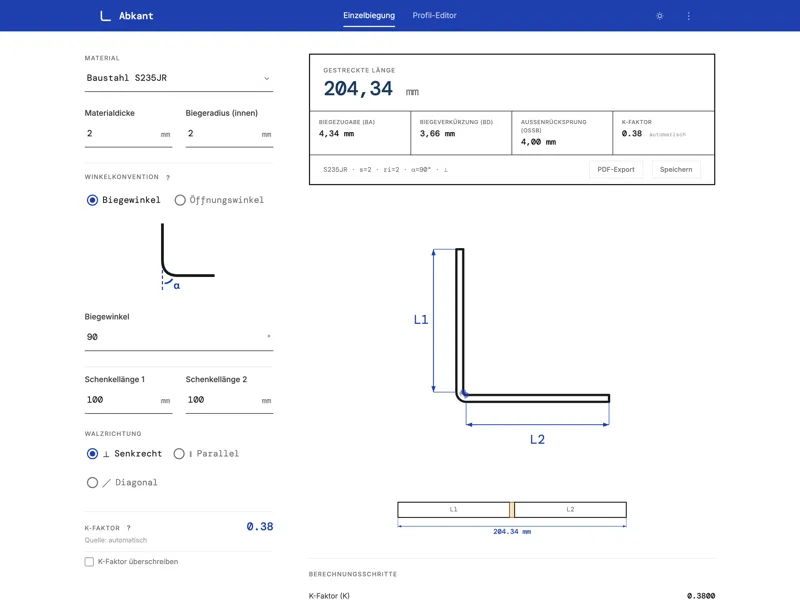 Abkant: Einzelbiegung mit Berechnungsergebnis und Echtzeit-Vorschau