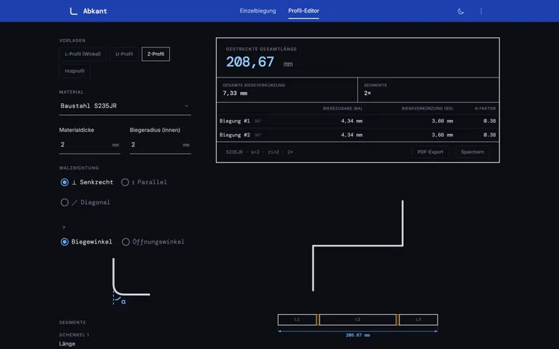 Abkant: Profil-Editor mit Berechnungsergebnis und Echtzeit-Vorschau