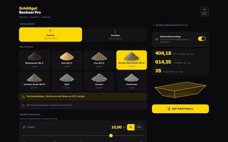 Schüttgut-Rechner im Aushub-Modus mit Materialauswahl, Abmessungs-Slidern und 3D-Grubenvorschau