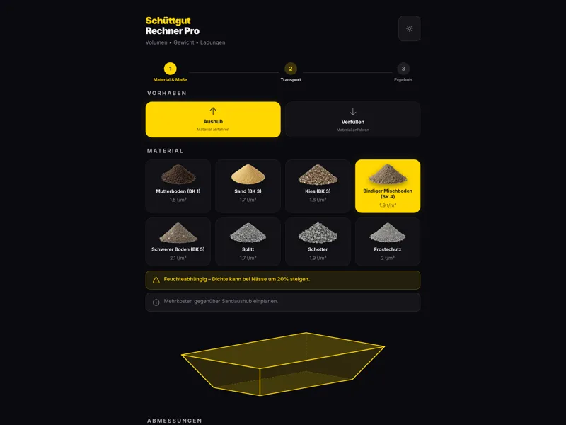 Schüttgut-Rechner im Aushub-Modus mit Materialauswahl, Abmessungs-Slidern und 3D-Grubenvorschau