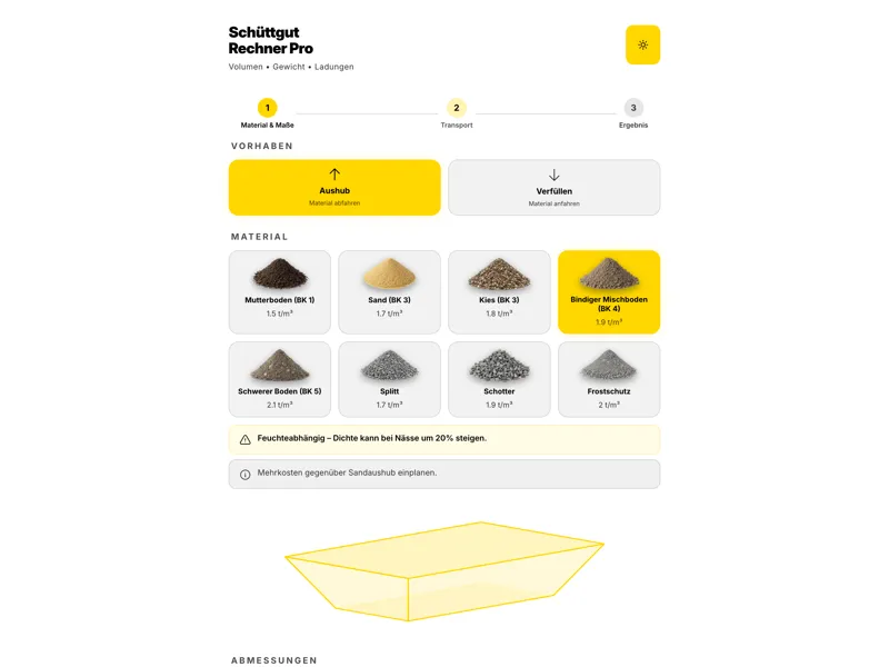 Schüttgut-Rechner im Aushub-Modus mit Materialauswahl, Abmessungs-Slidern und 3D-Grubenvorschau