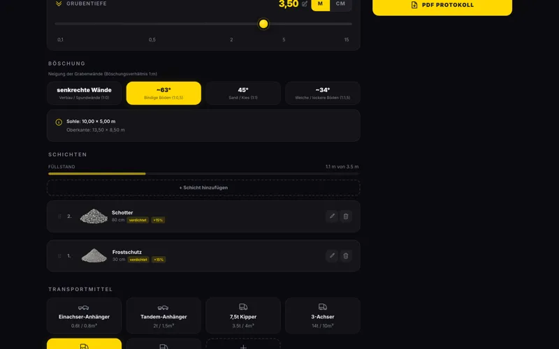 Ergebnisbereich im Füllen-Modus mit zwei Schichten: Frostschutz 30 cm und Schotter 80 cm, Grube teilweise gefüllt